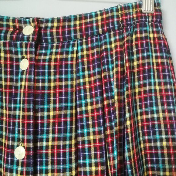 Vintage plaid button front long skirt partial elastic waist multicolour pockets - Picture 3 of 6